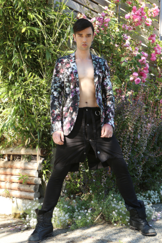 Anna Wong stylist. Male model floral jacket. Mens floral jacket.Seattle wardrobe stylist.Seattle commercial stylist.editorial stylist seattle. seattle mens wardrobe stylist.